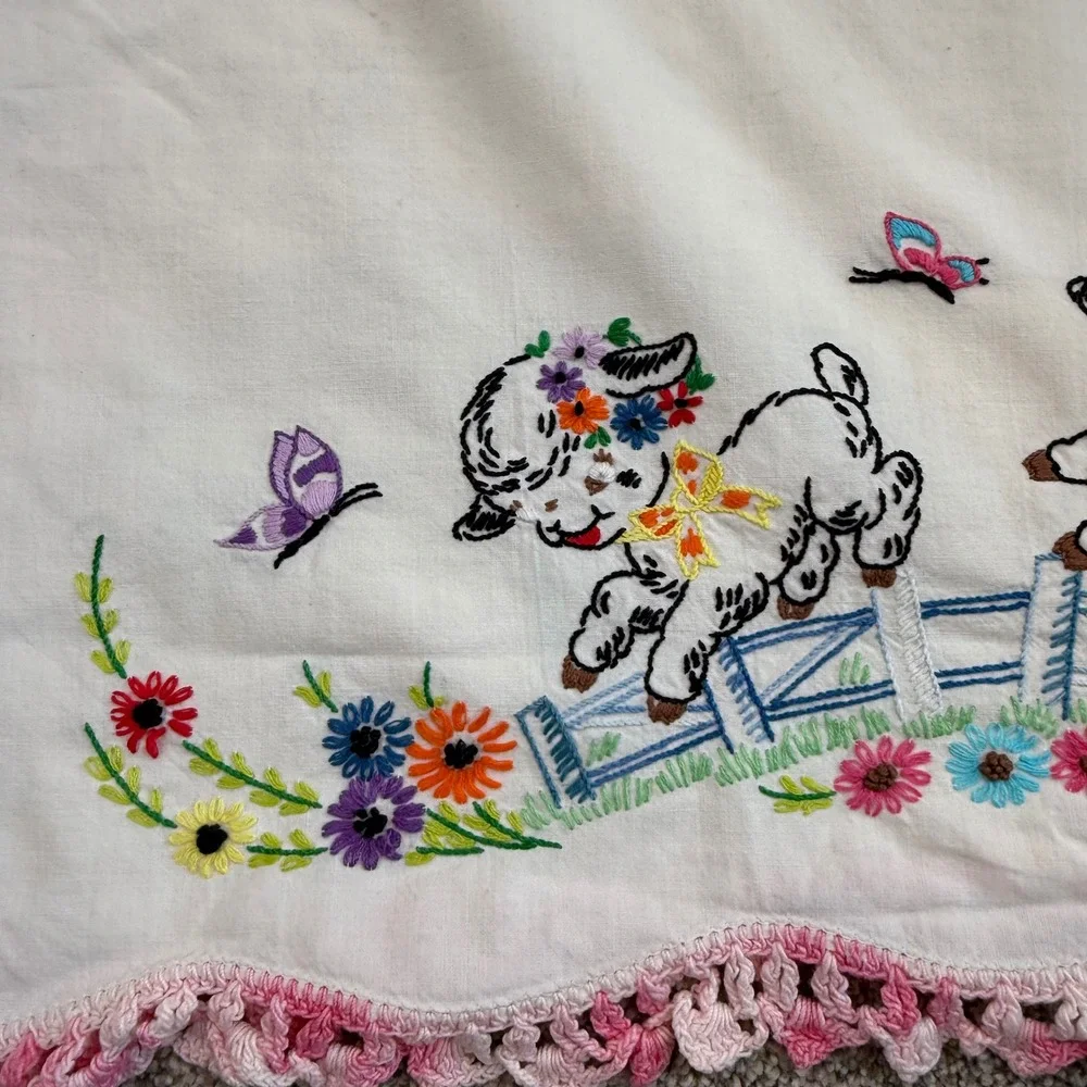 Vintage Hand Embroidered Pillowcase Set Lambs Roses Crochet Trim Cottagecore 2pc